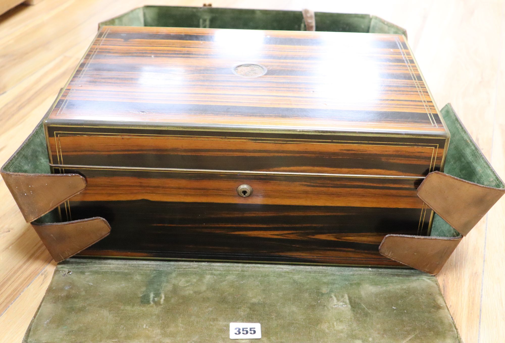A Victorian calamander and brass-mounted inlaid jewellery box, width 42cm height 18cm